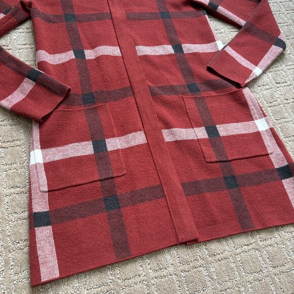 Tahari Plaid Mid Length Duster Jacket Women's S Fleece Red Orange Pockets Zip - Picture 3 of 10